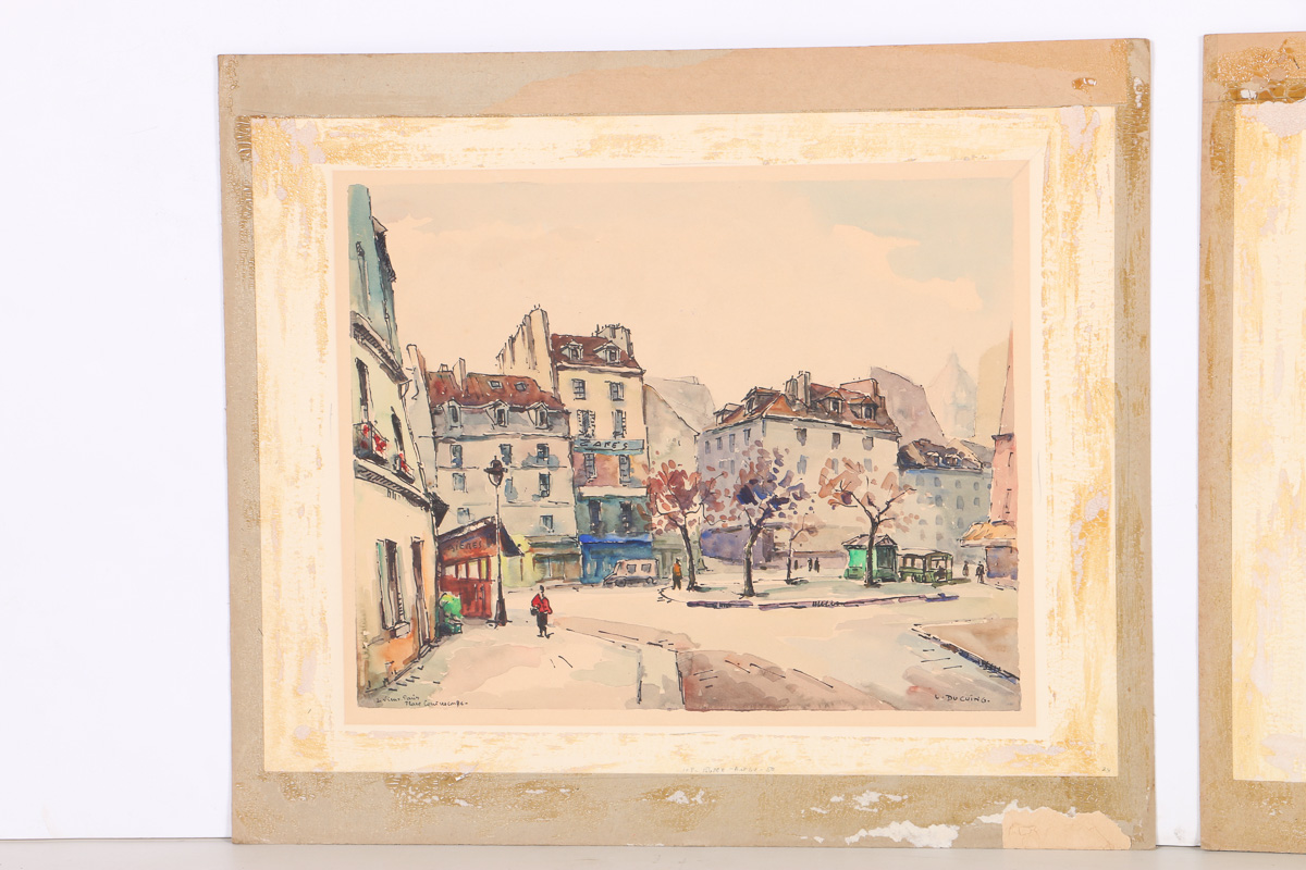 Early 20 Century Lucian Ducuing Watercolors of Parisian Street Scenes