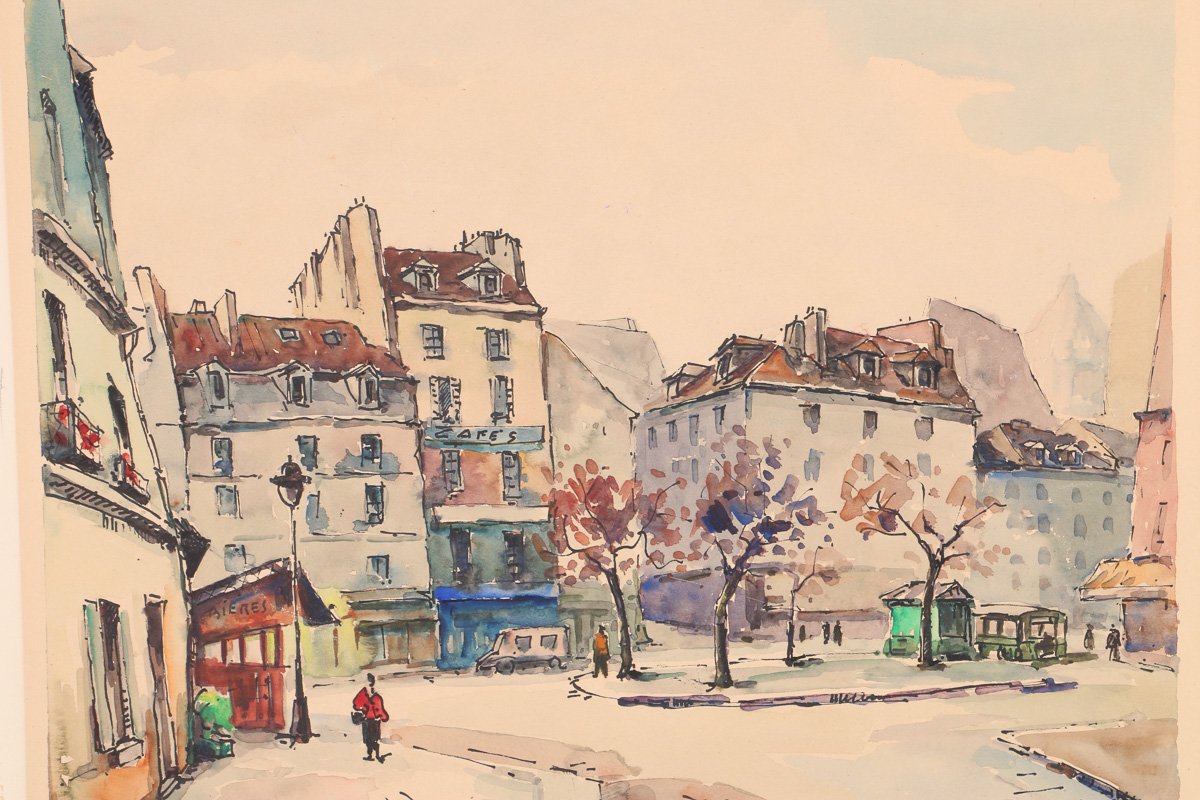 Early 20 Century Lucian Ducuing Watercolors of Parisian Street Scenes