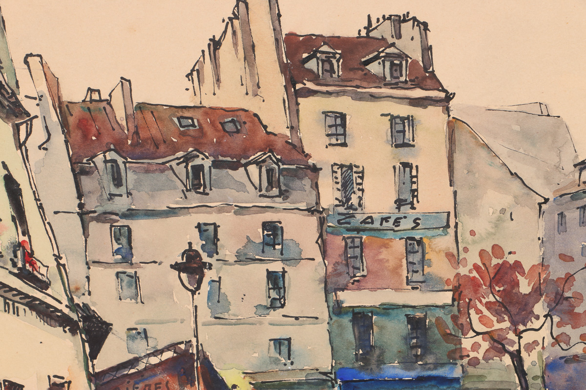 Early 20 Century Lucian Ducuing Watercolors of Parisian Street Scenes