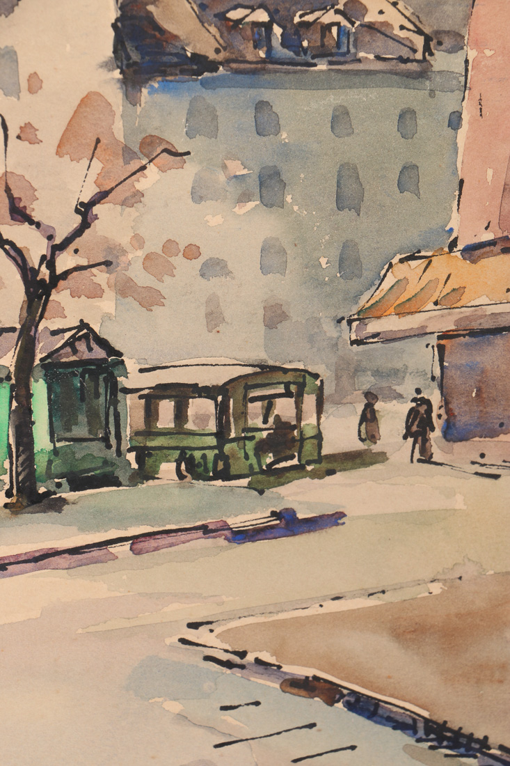 Early 20 Century Lucian Ducuing Watercolors of Parisian Street Scenes