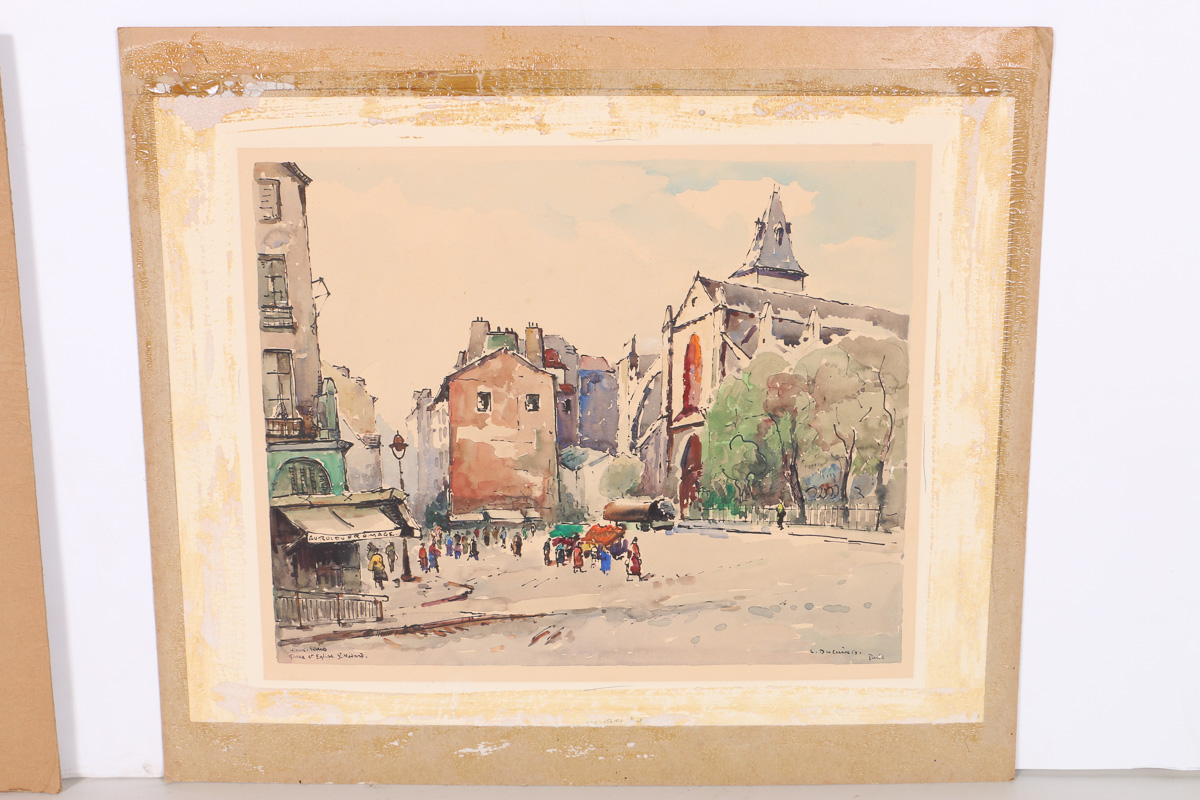 Early 20 Century Lucian Ducuing Watercolors of Parisian Street Scenes
