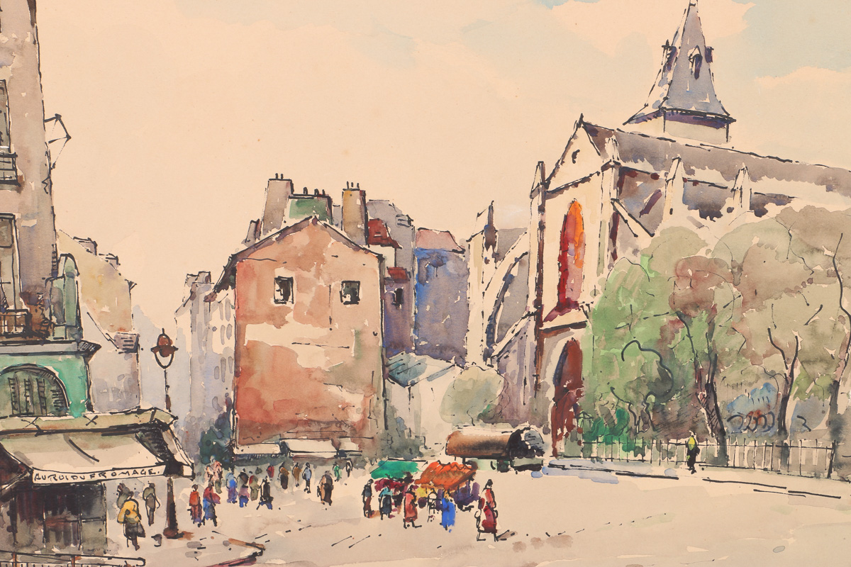 Early 20 Century Lucian Ducuing Watercolors of Parisian Street Scenes