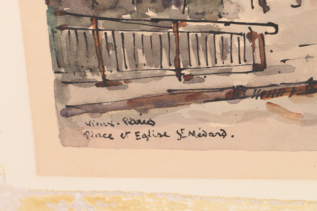 Early 20 Century Lucian Ducuing Watercolors of Parisian Street Scenes