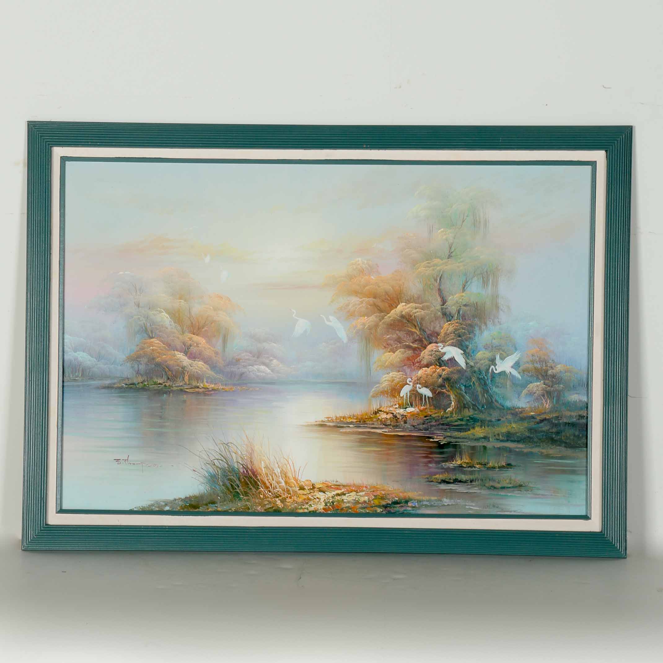 S. Thompson Oil Painting of Cranes