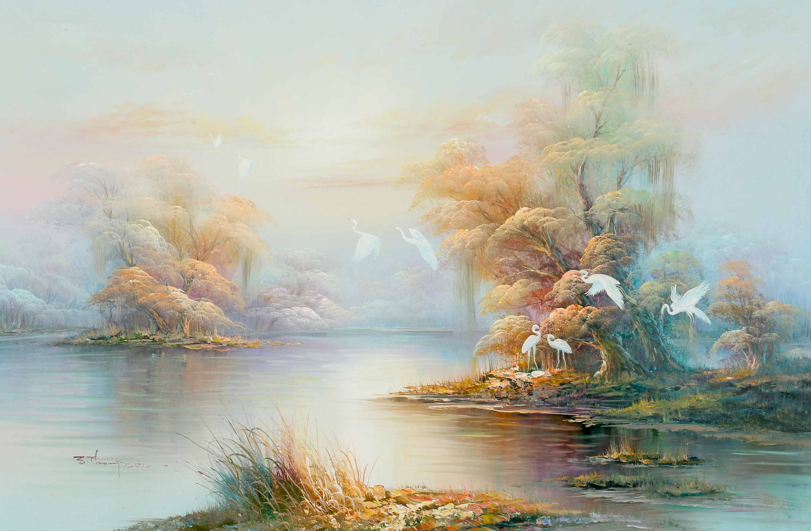 S. Thompson Oil Painting of Cranes