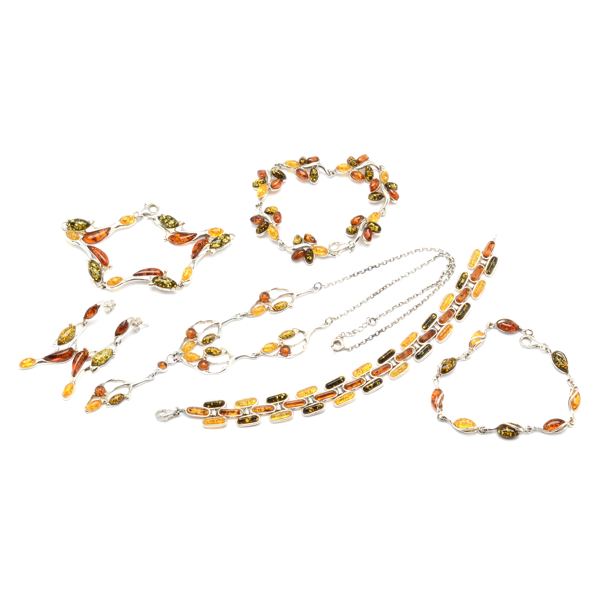 Collection of Sterling Silver Imitation Amber Jewelry