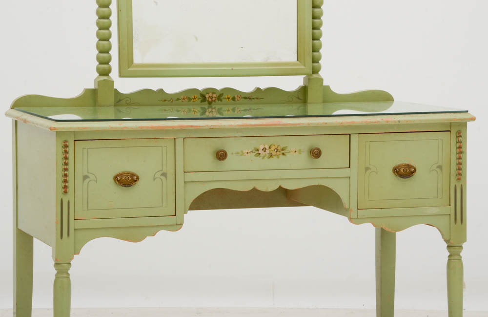 Vintage Painted Vanity with Mirror and Stool