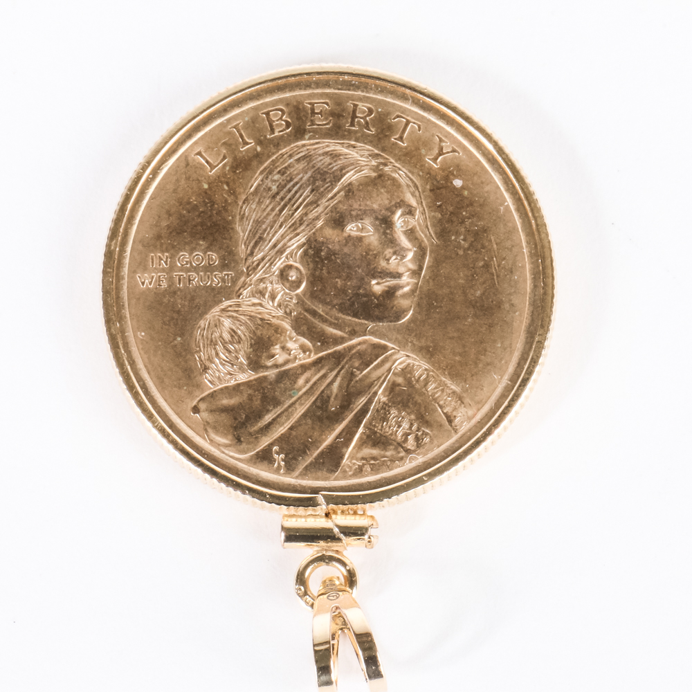 U.S. One Dollar Sacagawea Coin in a Gold Filled Pendant Setting