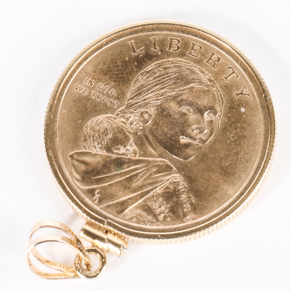 U.S. One Dollar Sacagawea Coin in a Gold Filled Pendant Setting