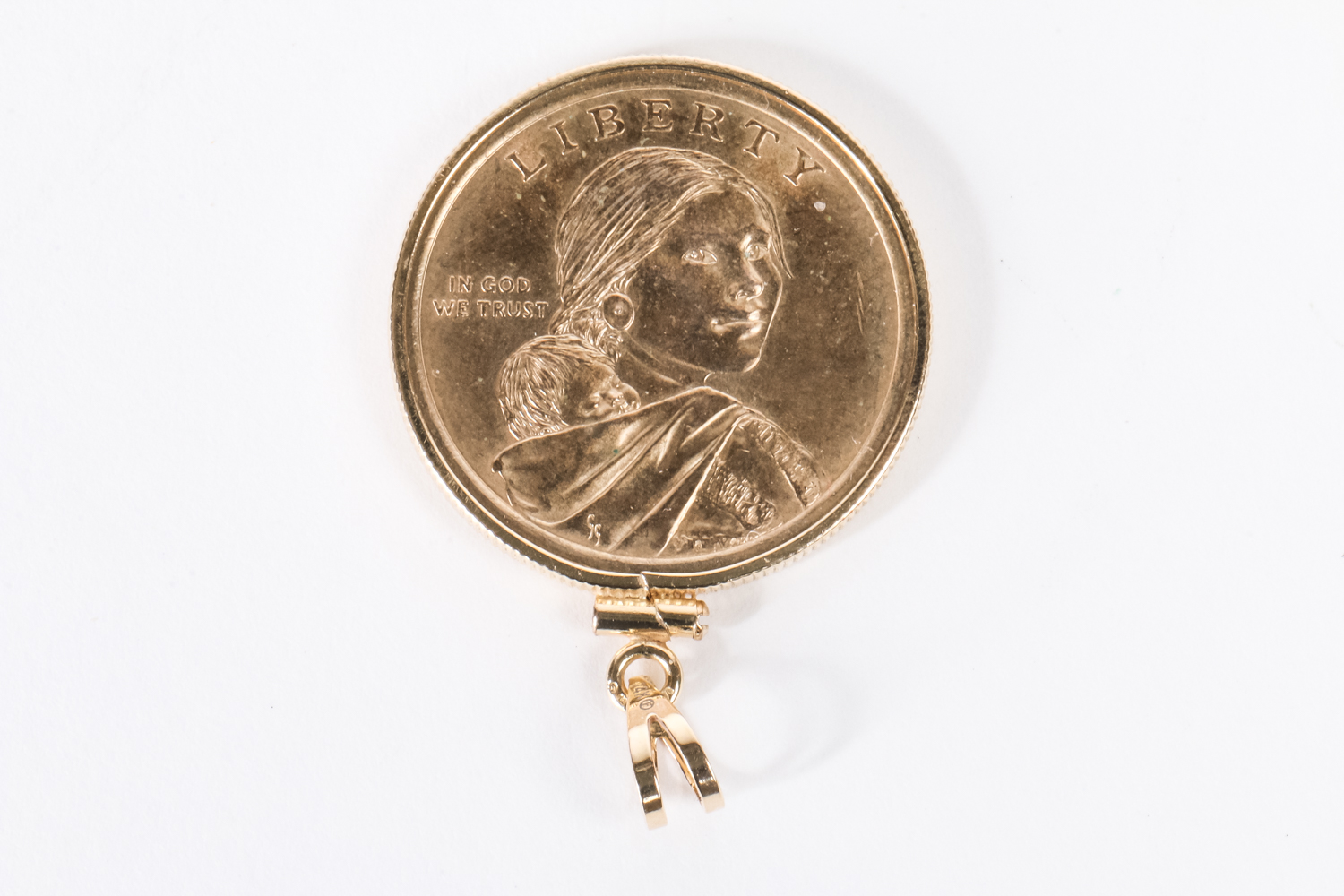 U.S. One Dollar Sacagawea Coin in a Gold Filled Pendant Setting