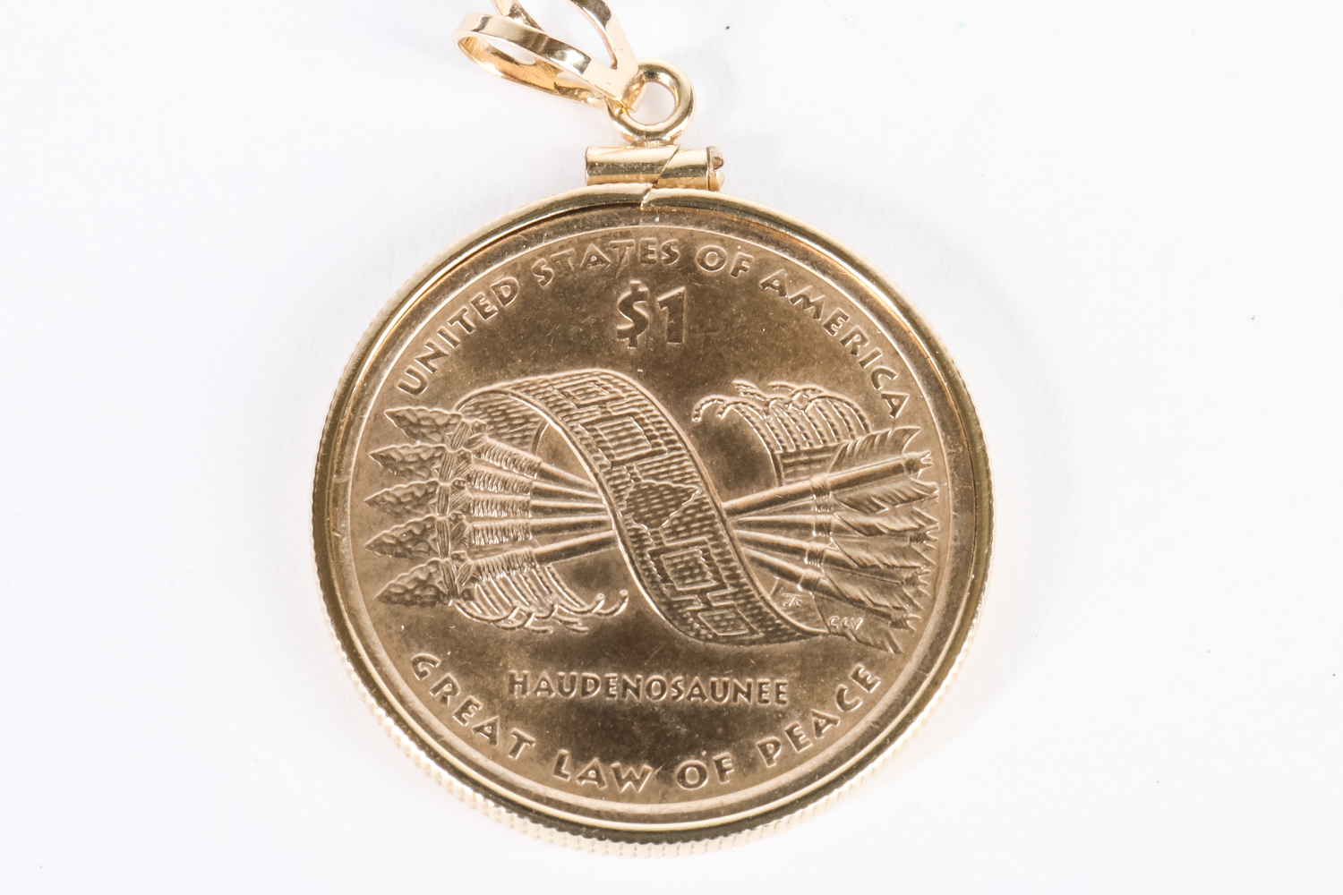 U.S. One Dollar Sacagawea Coin in a Gold Filled Pendant Setting