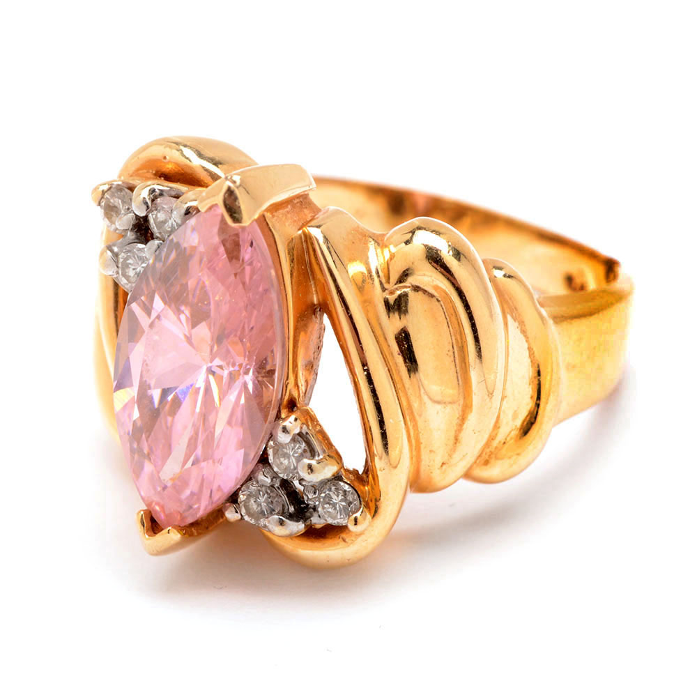 14K Yellow Gold Pink Cubic Zirconia Diamond Ring