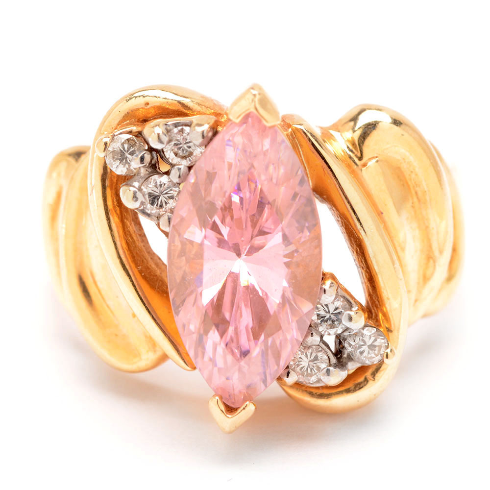 14K Yellow Gold Pink Cubic Zirconia Diamond Ring
