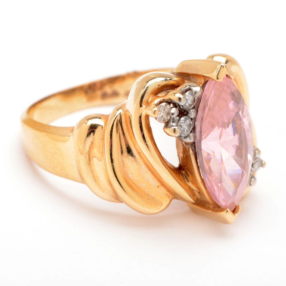 14K Yellow Gold Pink Cubic Zirconia Diamond Ring