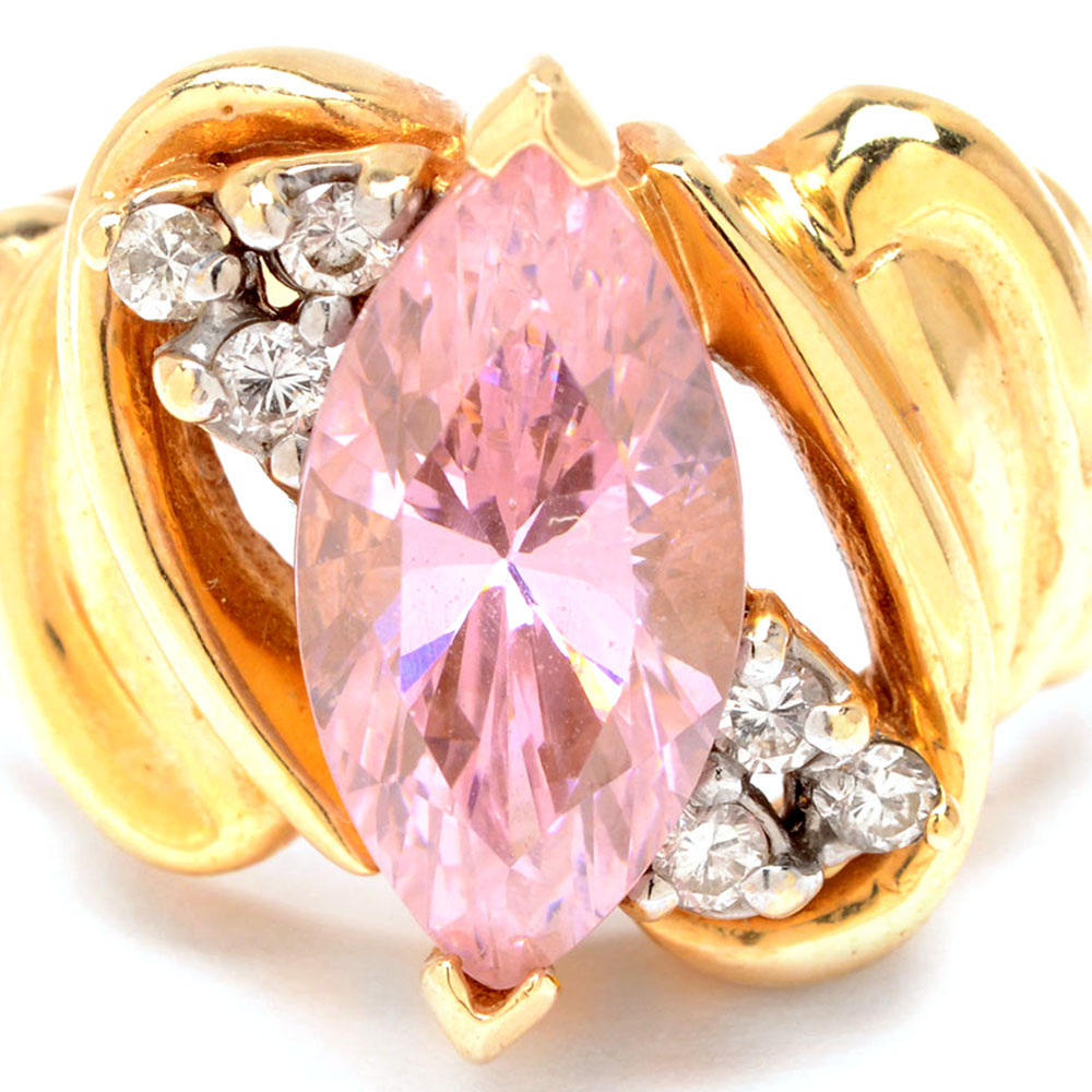 14K Yellow Gold Pink Cubic Zirconia Diamond Ring