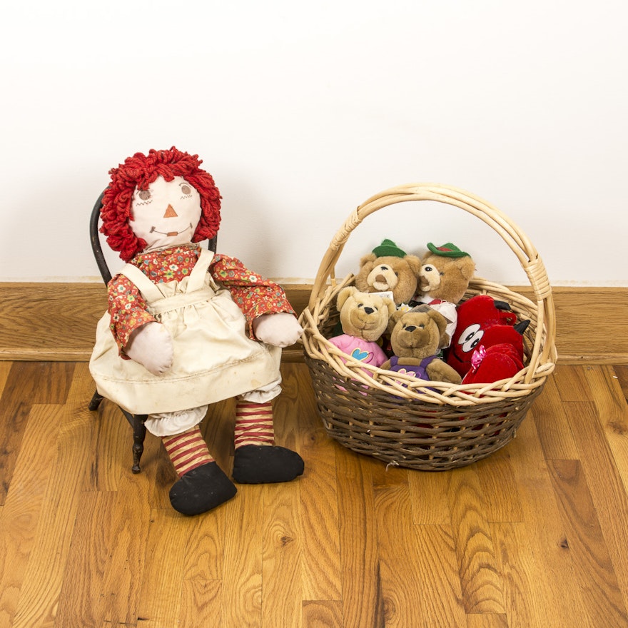 Vintage Stuffed Animals And Raggedy Anne Doll With Chair