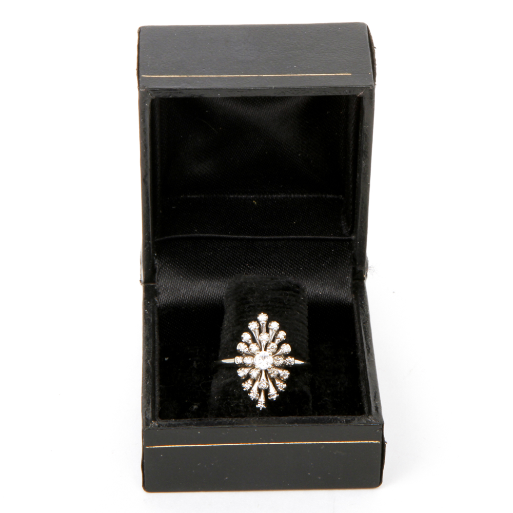 Vintage Starfire 14K White Gold and Diamond Starburst Ring