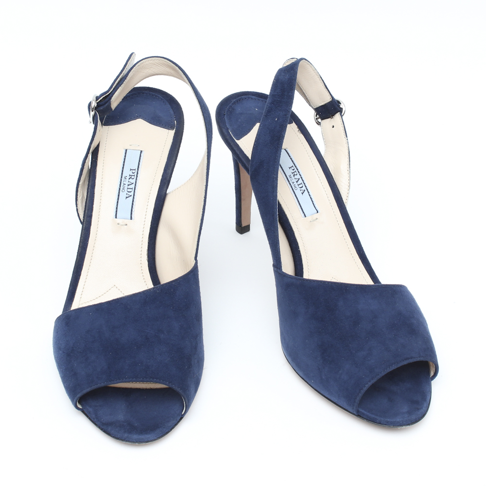 Prada Navy Suede Peep Toe Pumps