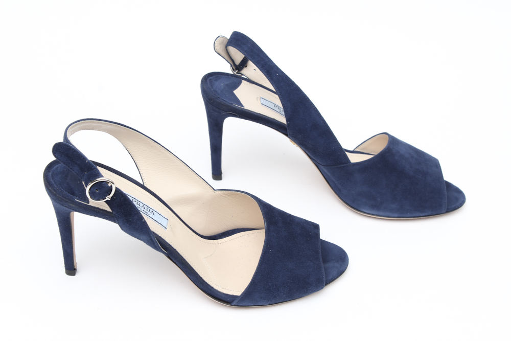 Prada Navy Suede Peep Toe Pumps