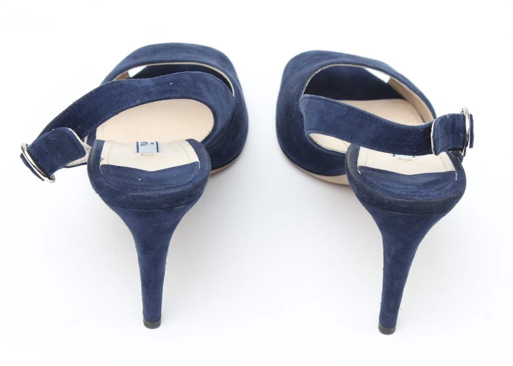 Prada Navy Suede Peep Toe Pumps