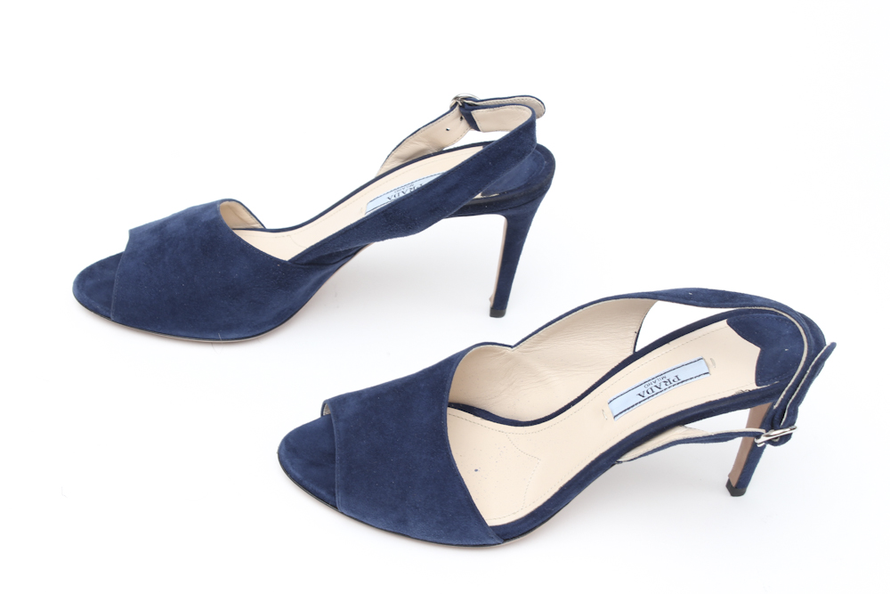 Prada Navy Suede Peep Toe Pumps