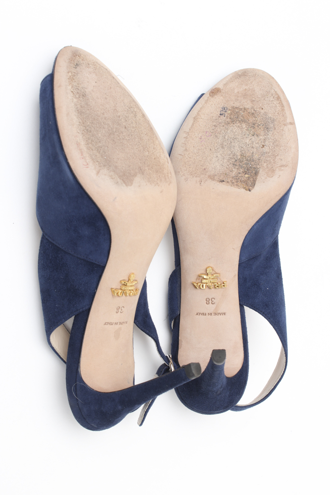 Prada Navy Suede Peep Toe Pumps