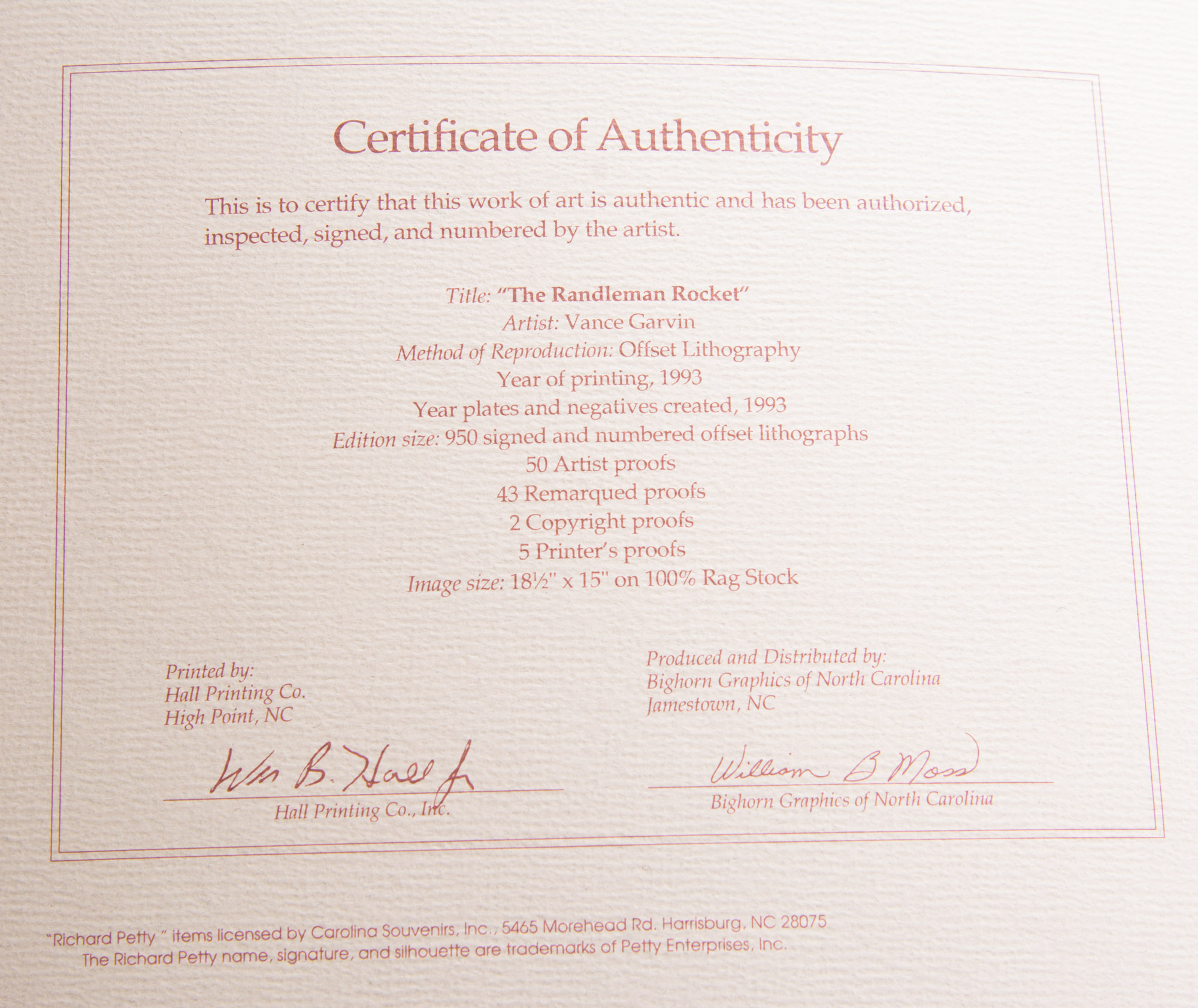 Richard Petty Signed Offset Lithograph by Vance Garvin