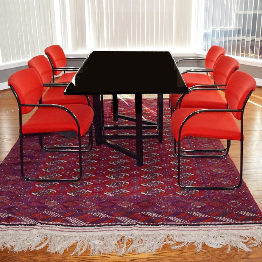 Modern Black Lacquer Drop Leaf Dining Table and Six Red Chairs