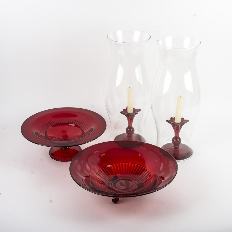 Set of Red Glass Tableware and Candlestick Holders