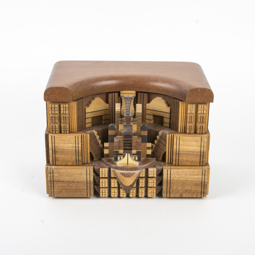 Carved Wood Box with Rotating Drawers