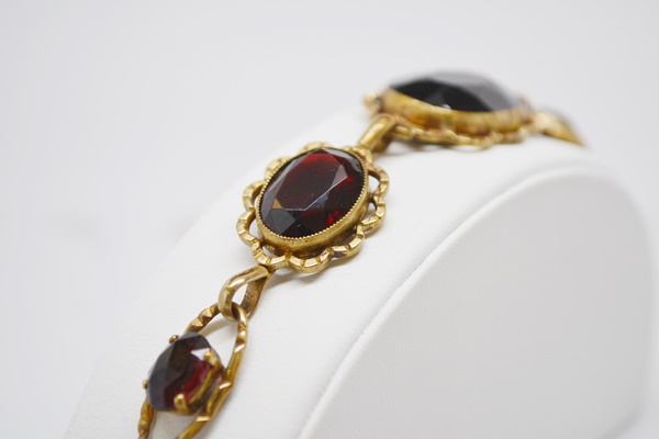 Vintage German Red Glass Stone Gold Tone Bracelet