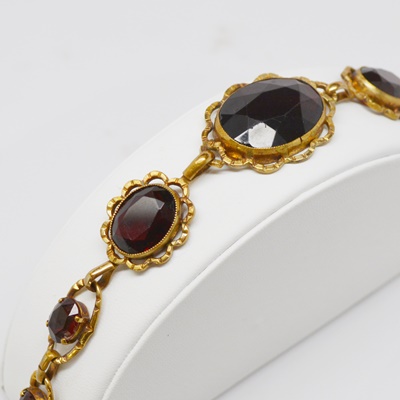 Vintage German Red Glass Stone Gold Tone Bracelet