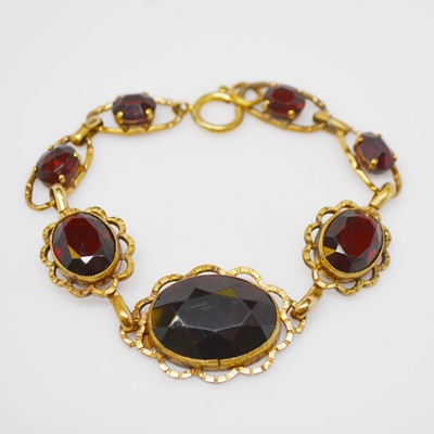 Vintage German Red Glass Stone Gold Tone Bracelet
