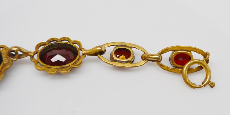 Vintage German Red Glass Stone Gold Tone Bracelet