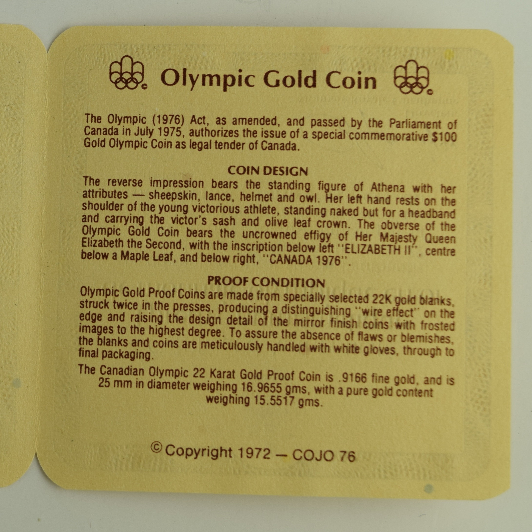 1976 Canadian Mint 22K $100 Coin Commemorating Montreal Olympics