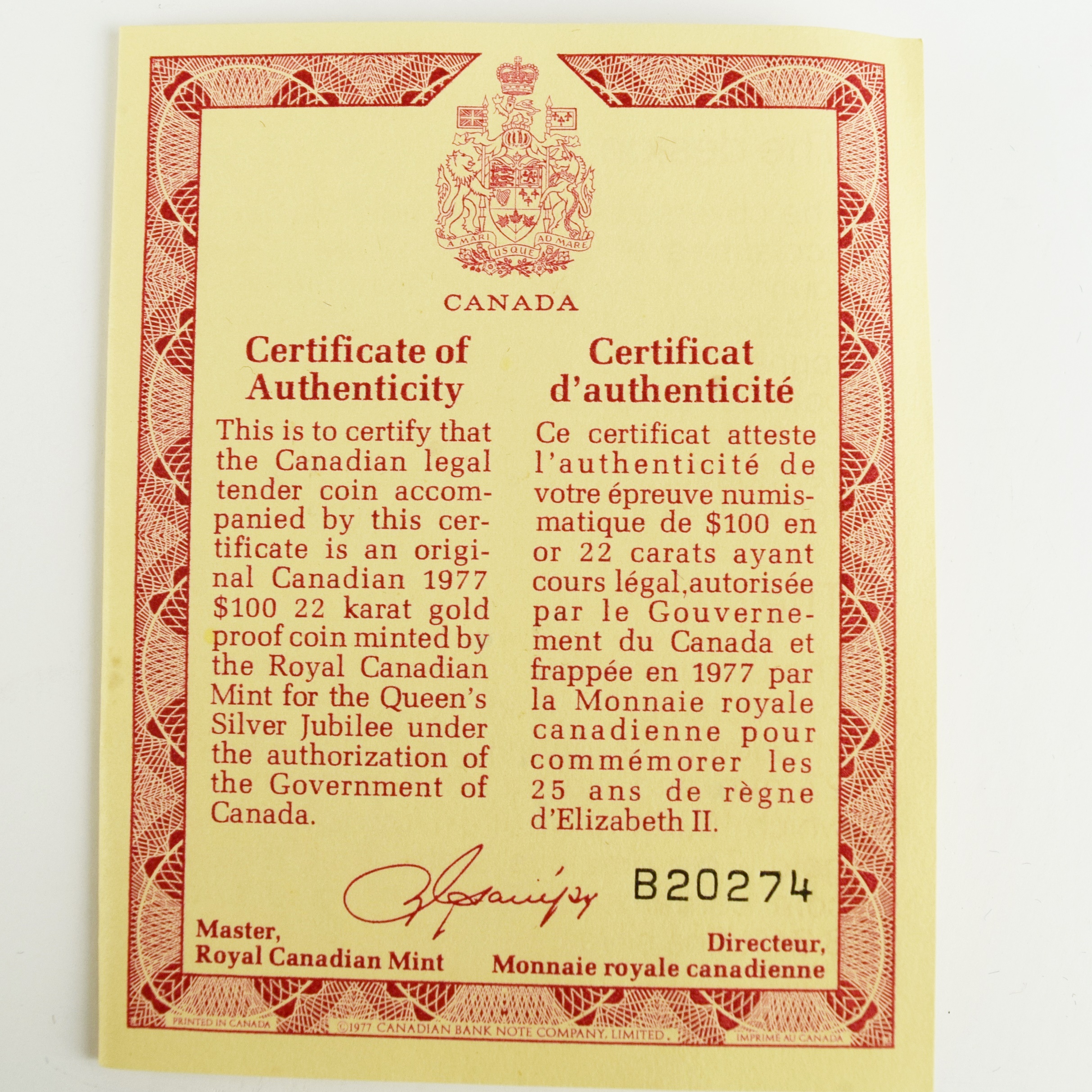 1977 Royal Canadian Mint $100 22K Gold Proof Silver Jubilee Coin