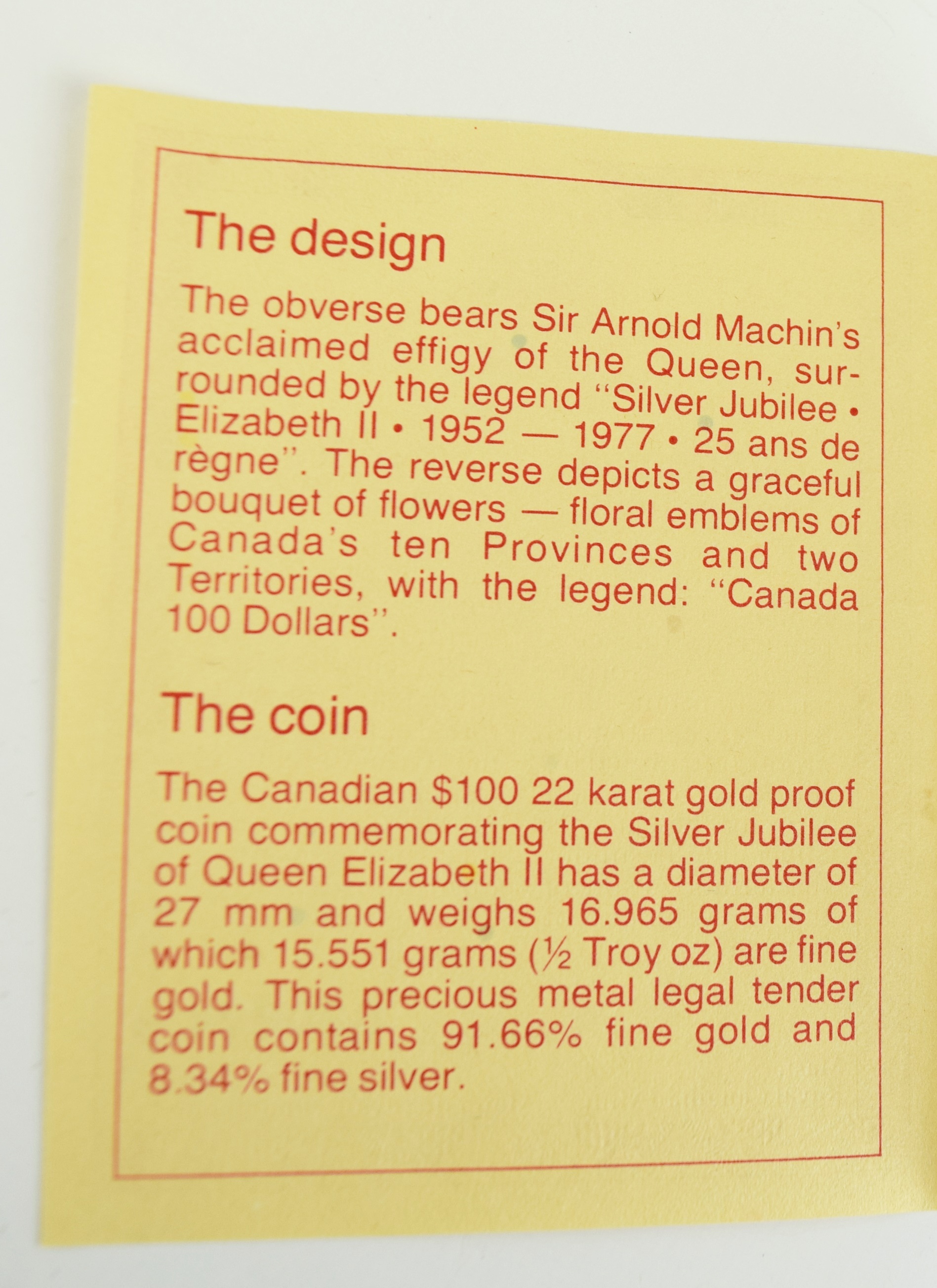 1977 Royal Canadian Mint $100 22K Gold Proof Silver Jubilee Coin