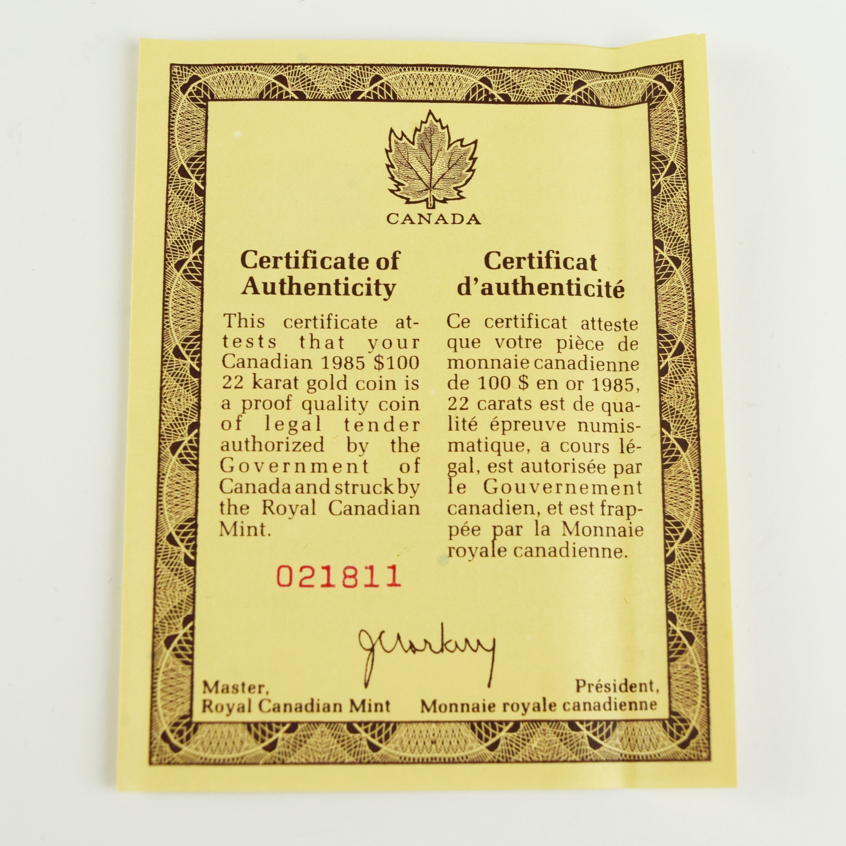 1985 Royal Canadian Mint $100 22K Gold National Parks Proof Coin