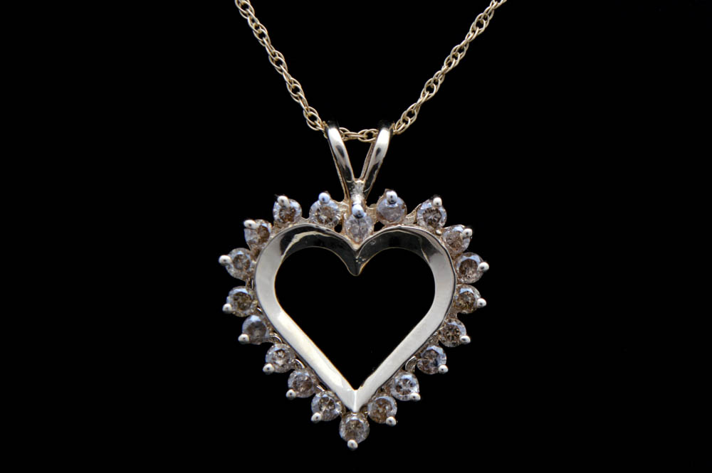 14K Yellow Gold and Diamond Heart Pendant with Chain