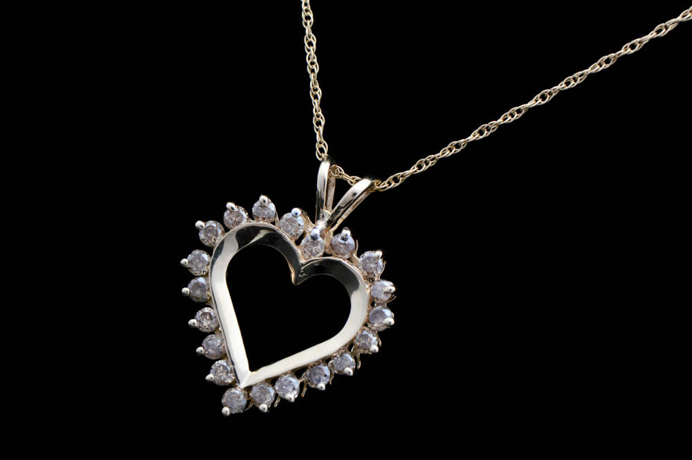 14K Yellow Gold and Diamond Heart Pendant with Chain