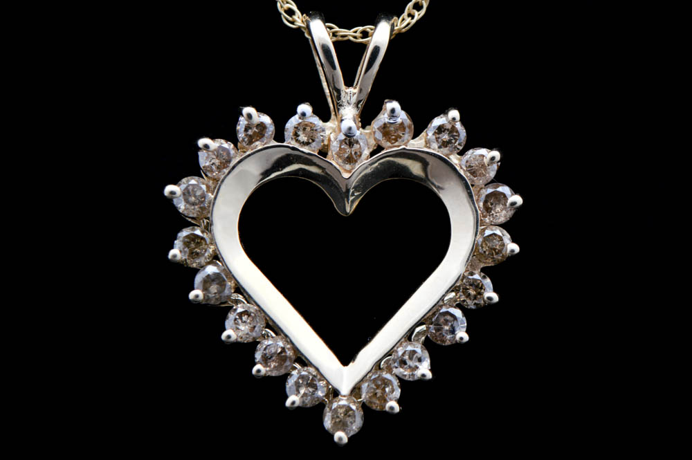 14K Yellow Gold and Diamond Heart Pendant with Chain