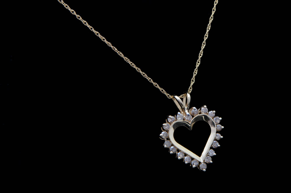 14K Yellow Gold and Diamond Heart Pendant with Chain