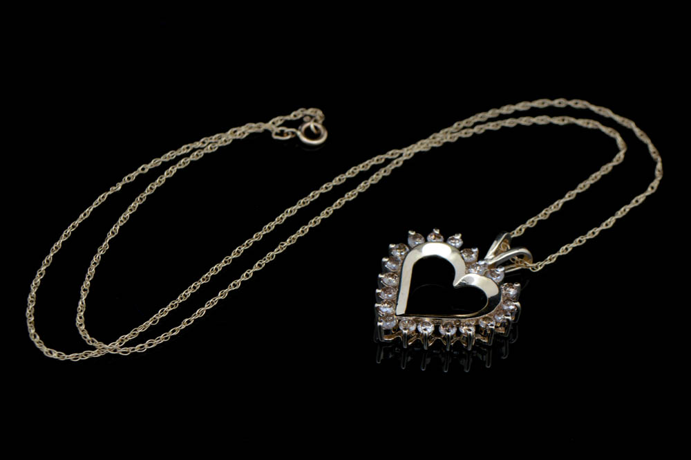 14K Yellow Gold and Diamond Heart Pendant with Chain