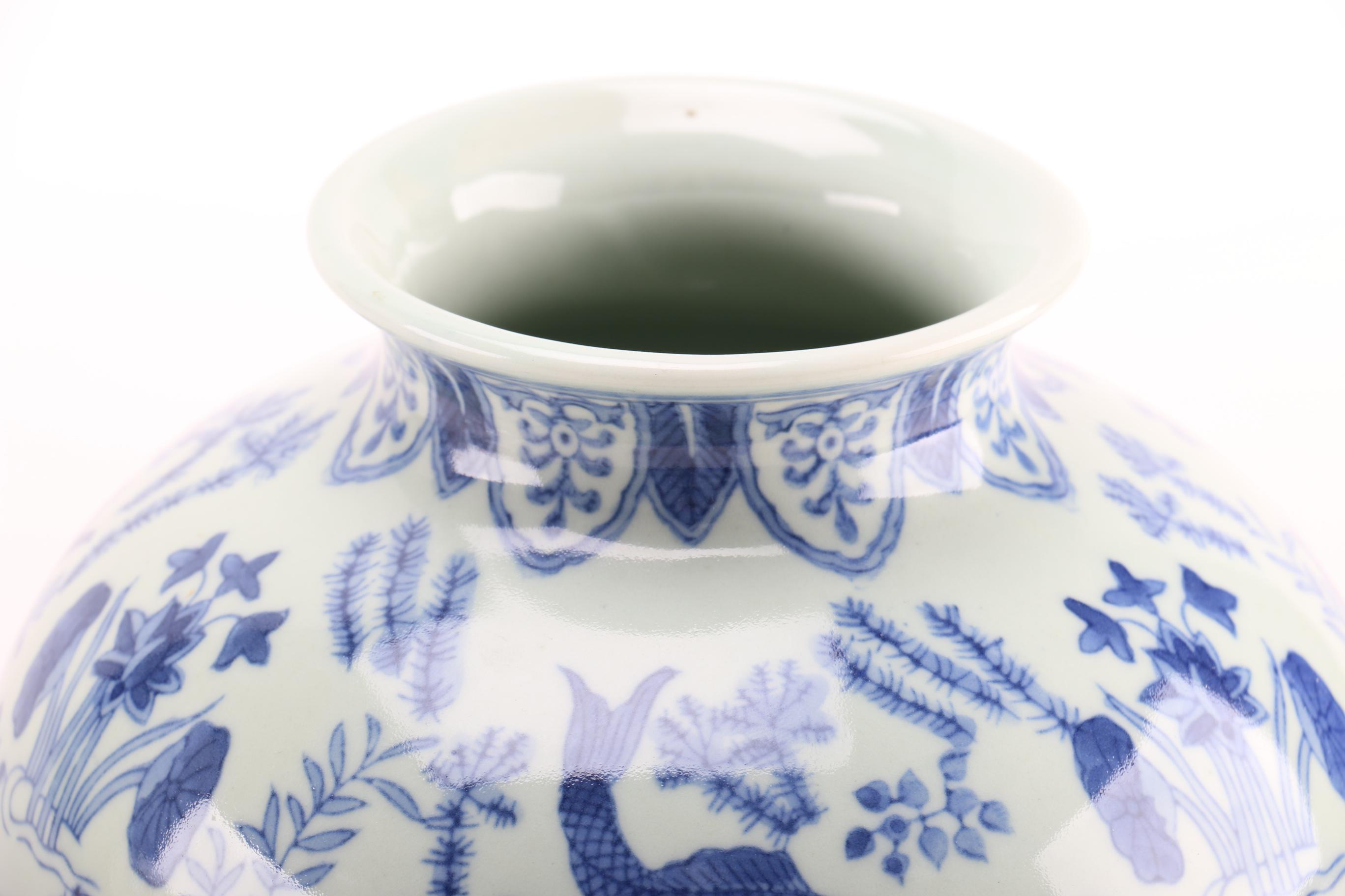 Chinese Blue and White Porcelain Koi Fish Vase