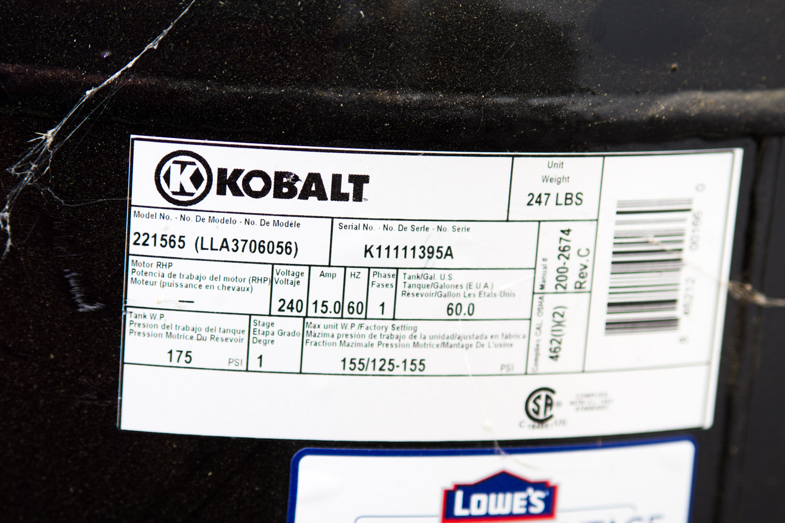 Kobalt 60 Gallon 3.7 HP Air Compressor