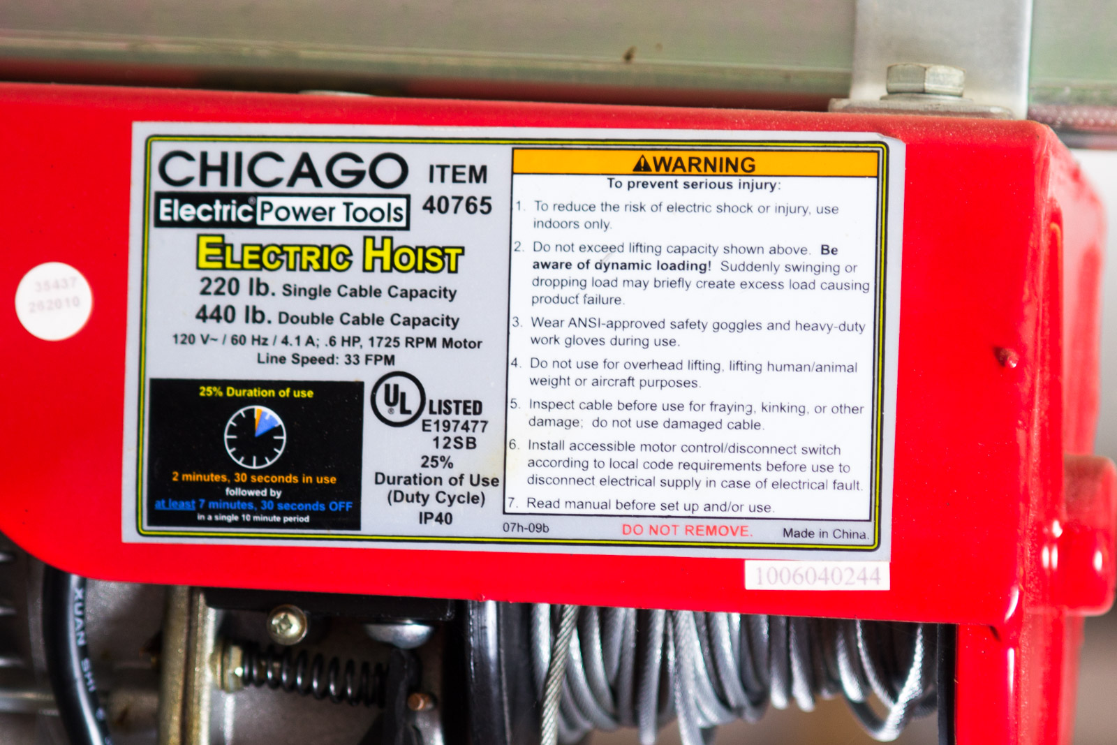 Chicago Electric Power Tools 93251 Electric Hoist