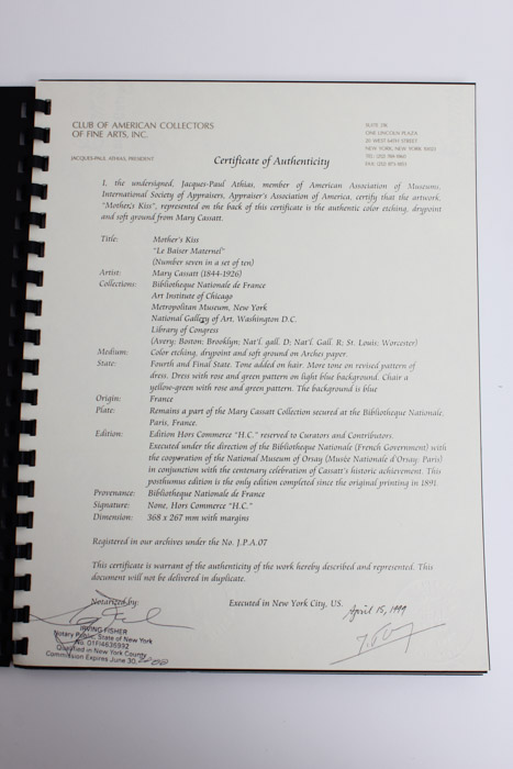 Mary Cassatt Posthumous Restrike Etching "The Mothers Kiss"