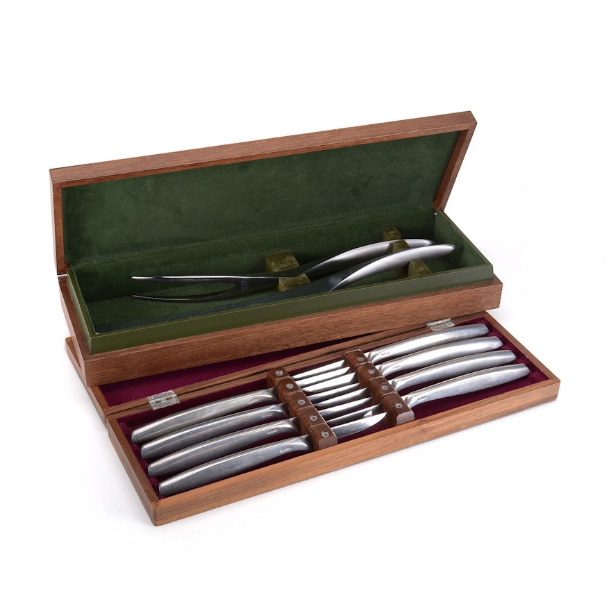 Wooden Box of Eight Steak Knives and Carving Fork and Knife