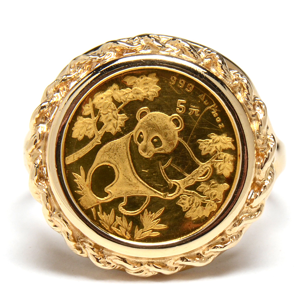 14K Yellow Gold Signet Ring with 24K Gold Chinese 5 Yuan Panda Coin