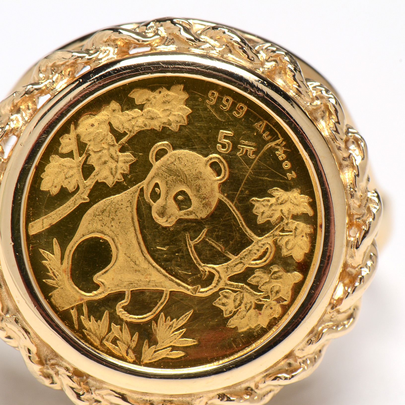 14K Yellow Gold Signet Ring with 24K Gold Chinese 5 Yuan Panda Coin
